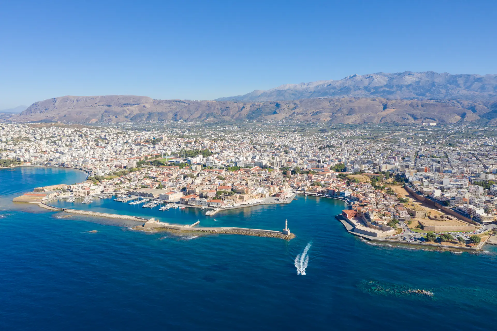 Aerial view of Chania old town and Venetian harbour.